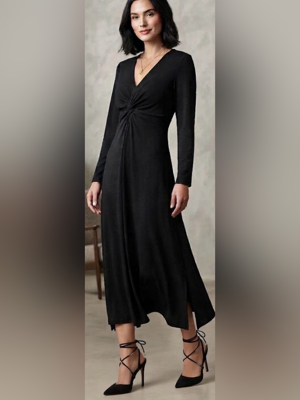 St. John Black Long-Sleeve Twist-Detail Maxi Dress